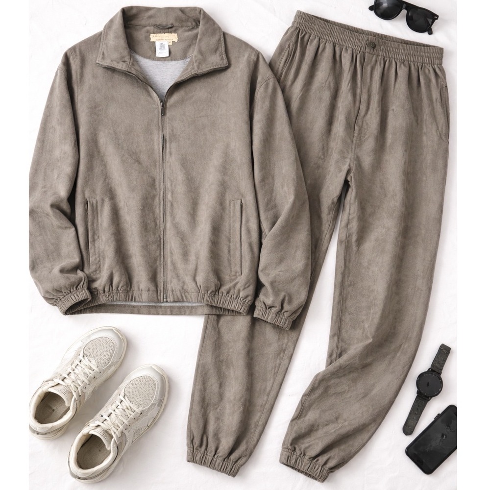 2pc Vintage Norm Thompson Suede Track Suit Jacket Pants Grandpa Cigar‎ Room XL